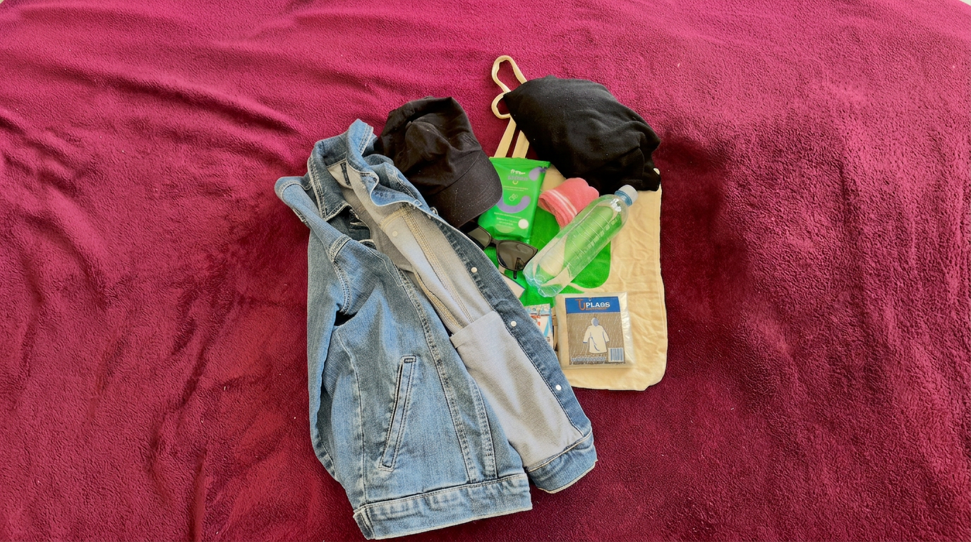 Itens para levar a um festival: jaqueta jeans, boné, ecobag, garrafa de água, óculos de sol e capa de chuva